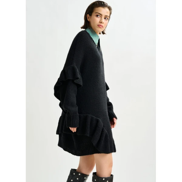Essentiel Antwerp Black ruffled wool-blend knit mini dress, view 4