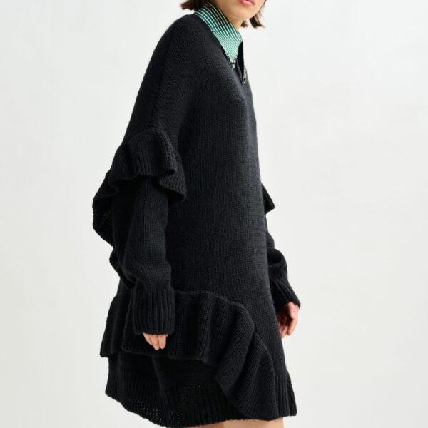 Essentiel Antwerp Black ruffled wool-blend knit mini dress - Essentiel Antwerp Dresses - Colorful Belgian Design - Shop at Coveti