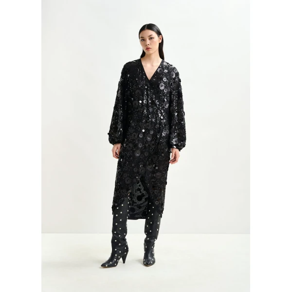 Essentiel Antwerp Black sequin-embellished wrap midi dress, view 2