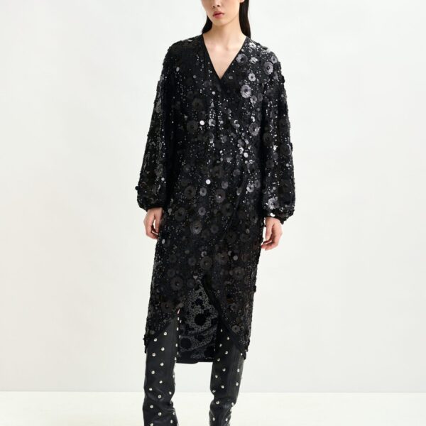 Essentiel Antwerp Black sequin-embellished wrap midi dress - Essentiel Antwerp Dresses - Colorful Belgian Design - Shop at Coveti