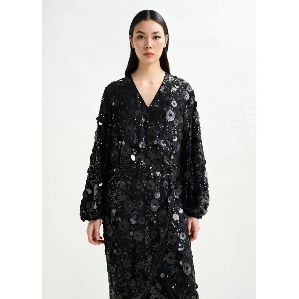 Essentiel Antwerp Black sequin-embellished wrap midi dress, view 5