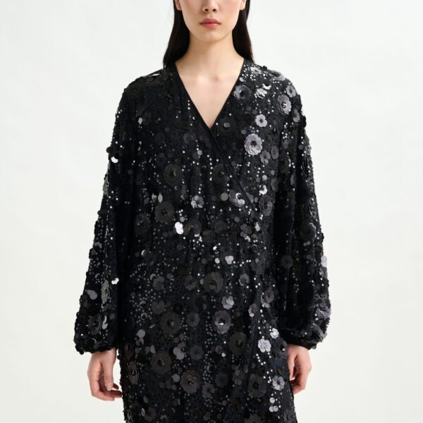 Essentiel Antwerp Black sequin-embellished wrap midi dress - Essentiel Antwerp Dresses - Colorful Belgian Design - Shop at Coveti