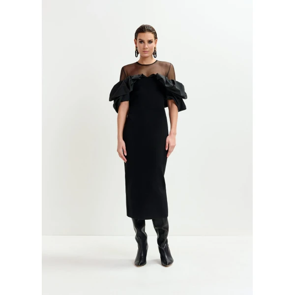 Essentiel Antwerp Black sheer yoke midi dress with sculptural ruffles, view 2