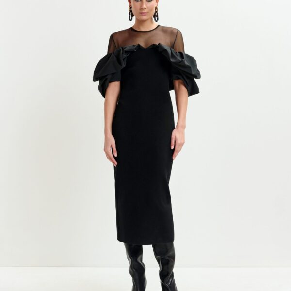 Essentiel Antwerp Black sheer yoke midi dress with sculptural ruffles - Essentiel Antwerp Dresses - Colorful Belgian Design - Shop at Coveti