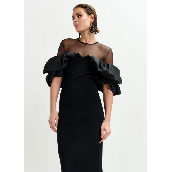 Essentiel Antwerp Black sheer yoke midi dress with sculptural ruffles, view 3