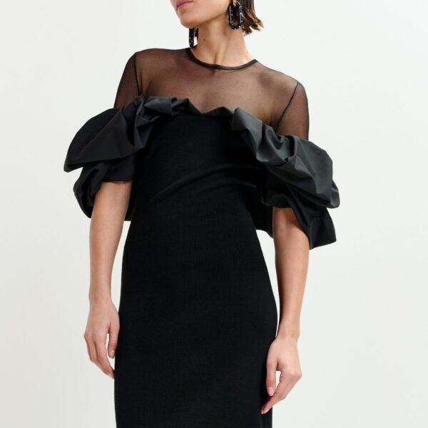 Essentiel Antwerp Black sheer yoke midi dress with sculptural ruffles - Essentiel Antwerp Dresses - Colorful Belgian Design - Shop at Coveti