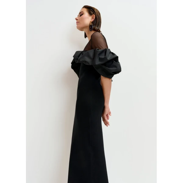 Essentiel Antwerp Black sheer yoke midi dress with sculptural ruffles, view 4