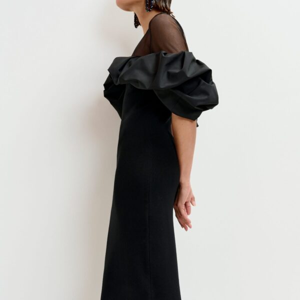 Essentiel Antwerp Black sheer yoke midi dress with sculptural ruffles - Essentiel Antwerp Dresses - Colorful Belgian Design - Shop at Coveti
