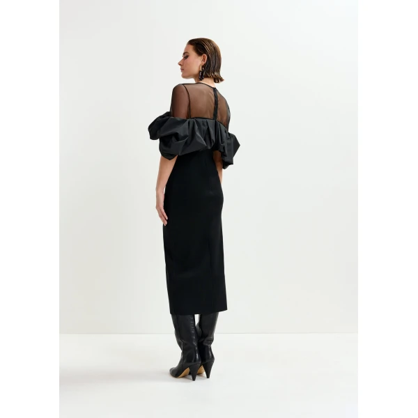 Essentiel Antwerp Black sheer yoke midi dress with sculptural ruffles, view 5