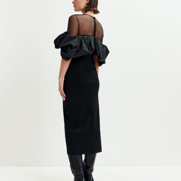 Essentiel Antwerp Black sheer yoke midi dress with sculptural ruffles - Essentiel Antwerp Dresses - Colorful Belgian Design - Shop at Coveti