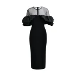Essentiel Antwerp Black sheer yoke midi dress with sculptural ruffles - Essentiel Antwerp Dresses - Colorful Belgian Design - Shop at Coveti