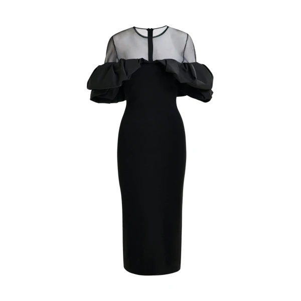 Essentiel Antwerp Black sheer yoke midi dress with sculptural ruffles - Essentiel Antwerp Dresses - Colorful Belgian Design - Shop at Coveti