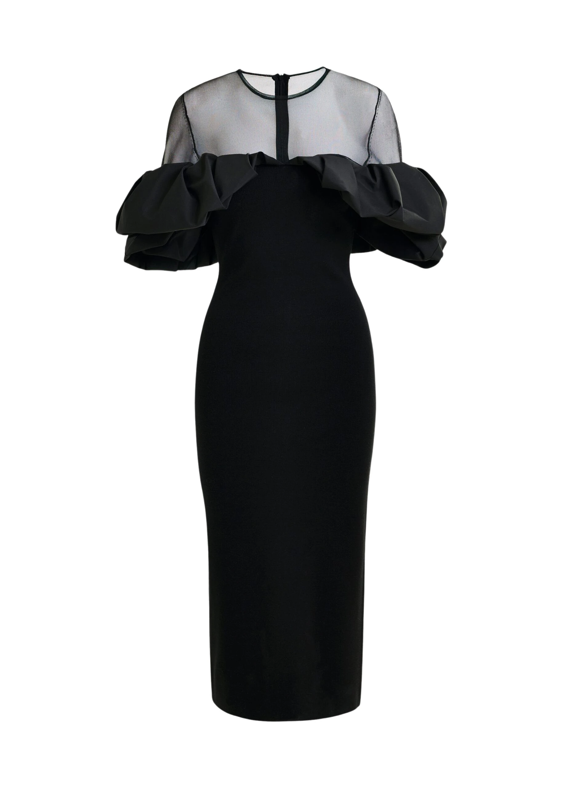 Black-sheer-yoke-midi-dress-with-sculptural-ruffles-Essentiel-Antwerp-Dresses-scaled59800_nobg Essentiel Antwerp Black sheer yoke midi dress with sculptural ruffles - Essentiel Antwerp Dresses - Colorful Belgian Design - Shop at Coveti