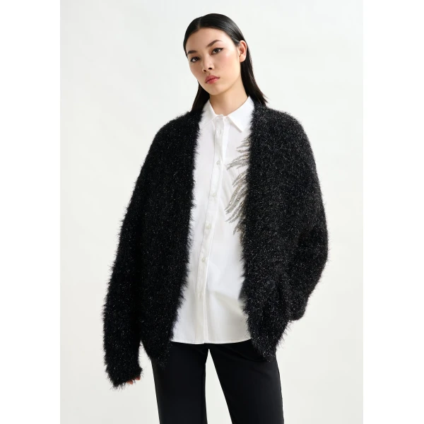 Essentiel Antwerp Black textured cardigan with metallic finish, view 2
