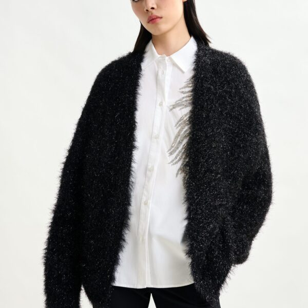 Essentiel Antwerp Black textured cardigan with metallic finish - Essentiel Antwerp Knitwear - Colorful Belgian Design - Shop at Coveti