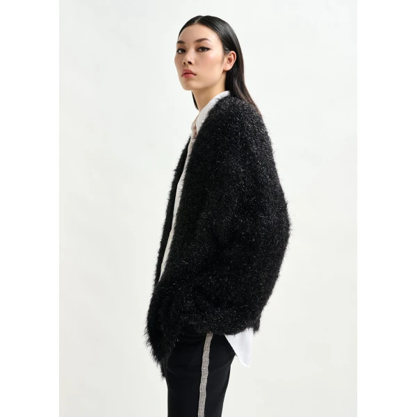 Essentiel Antwerp Black textured cardigan with metallic finish, view 3