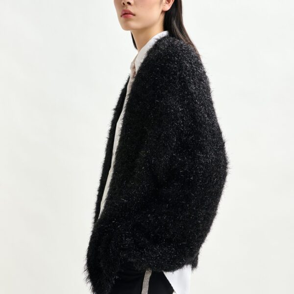 Essentiel Antwerp Black textured cardigan with metallic finish - Essentiel Antwerp Knitwear - Colorful Belgian Design - Shop at Coveti