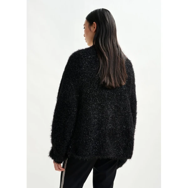 Essentiel Antwerp Black textured cardigan with metallic finish, view 4