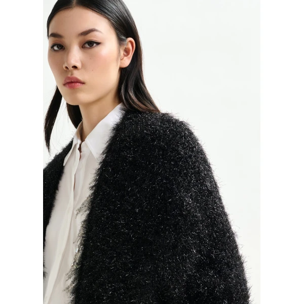Essentiel Antwerp Black textured cardigan with metallic finish, view 5