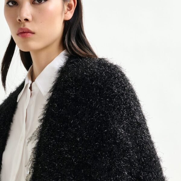 Essentiel Antwerp Black textured cardigan with metallic finish - Essentiel Antwerp Knitwear - Colorful Belgian Design - Shop at Coveti