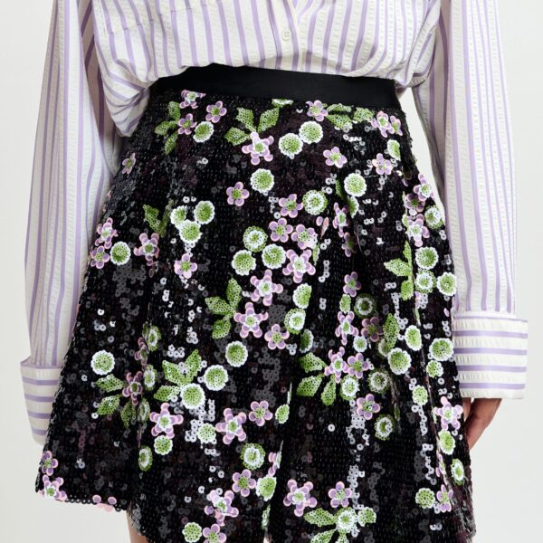Essentiel Antwerp Black tulip-shape mini skirt with green and pink sequin embellishments - Essentiel Antwerp Skirts - Colorful Belgian Design - Shop at Coveti