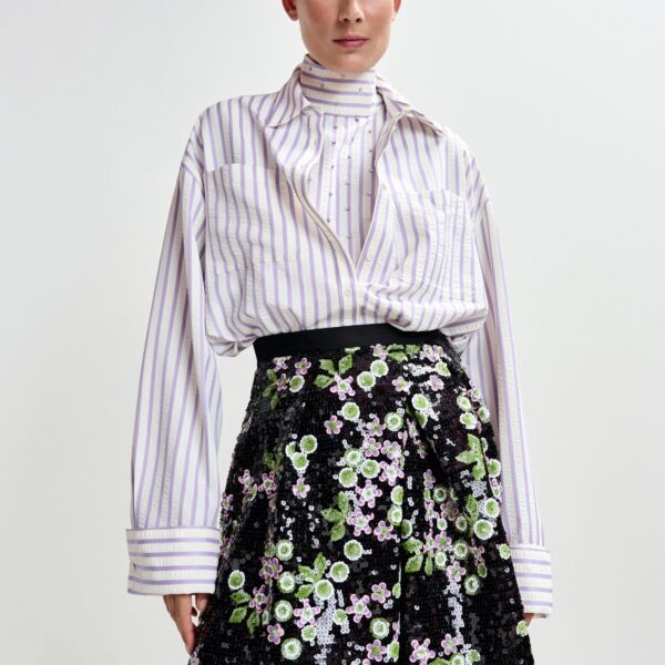 Essentiel Antwerp Black tulip-shape mini skirt with green and pink sequin embellishments - Essentiel Antwerp Skirts - Colorful Belgian Design - Shop at Coveti