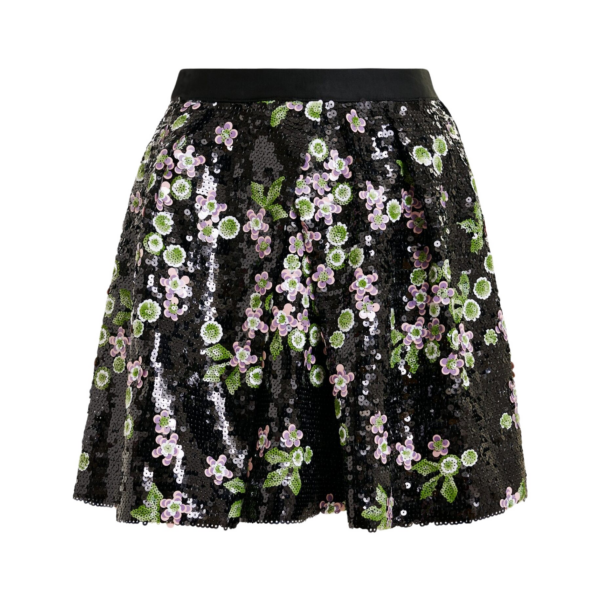 Essentiel Antwerp Black tulip-shape mini skirt with green and pink sequin embellishments - Essentiel Antwerp Skirts - Colorful Belgian Design - Shop at Coveti