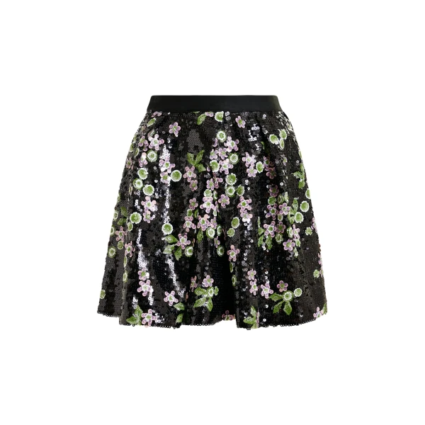 Essentiel Antwerp Black tulip-shape mini skirt with green and pink sequin embellishments - Essentiel Antwerp Skirts - Colorful Belgian Design - Shop at Coveti