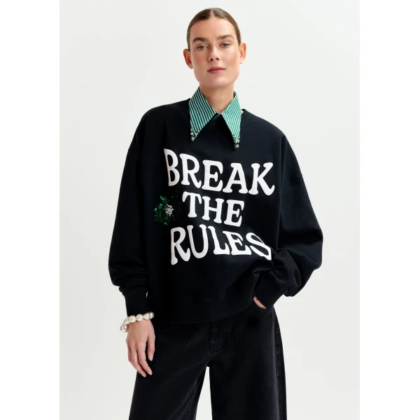 Essentiel Antwerp Black, white and green cotton sweatshirt with sequin and bead embellishments Top, view 2