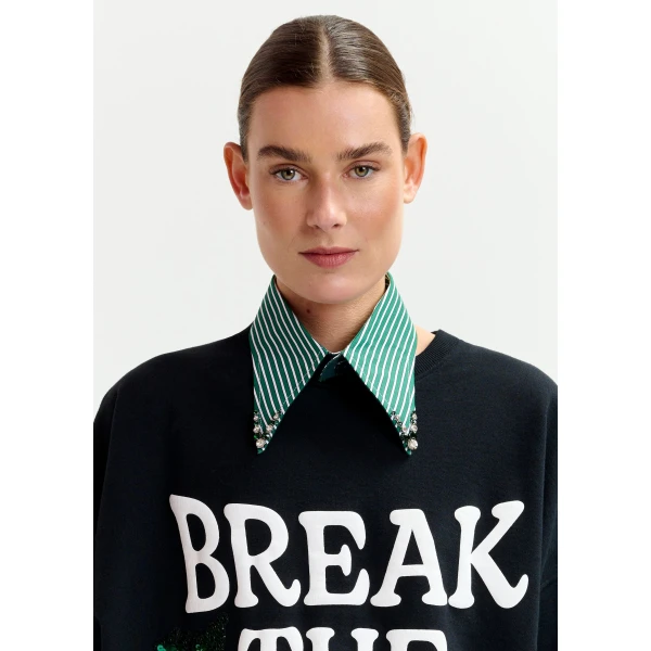 Essentiel Antwerp Black, white and green cotton sweatshirt with sequin and bead embellishments Top, view 3