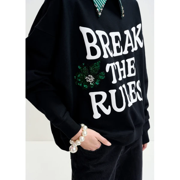 Essentiel Antwerp Black, white and green cotton sweatshirt with sequin and bead embellishments Top, view 4