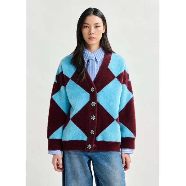 Essentiel Antwerp Blue and burgundy harlequin-patterned knit cardigan with flower-shaped buttons, view 2