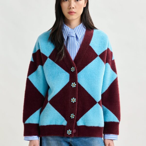 Essentiel Antwerp Blue and burgundy harlequin-patterned knit cardigan with flower-shaped buttons - Essentiel Antwerp Knitwear - Colorful Belgian Design - Shop at Coveti