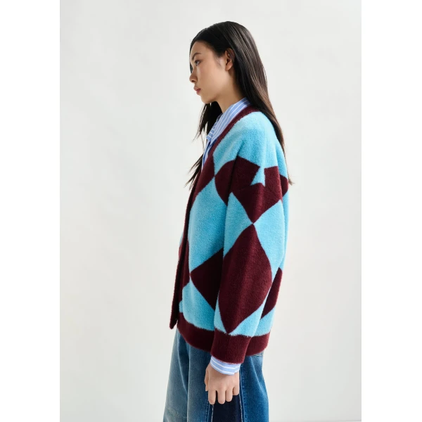 Essentiel Antwerp Blue and burgundy harlequin-patterned knit cardigan with flower-shaped buttons, view 3