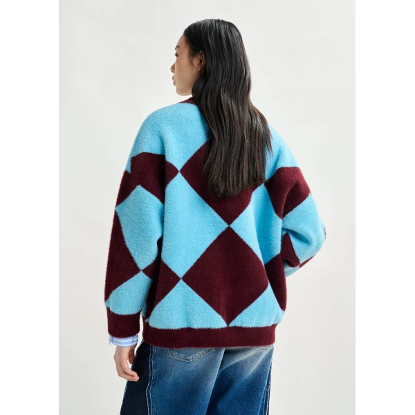 Essentiel Antwerp Blue and burgundy harlequin-patterned knit cardigan with flower-shaped buttons, view 4