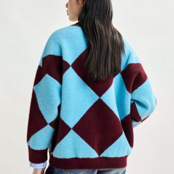 Essentiel Antwerp Blue and burgundy harlequin-patterned knit cardigan with flower-shaped buttons - Essentiel Antwerp Knitwear - Colorful Belgian Design - Shop at Coveti