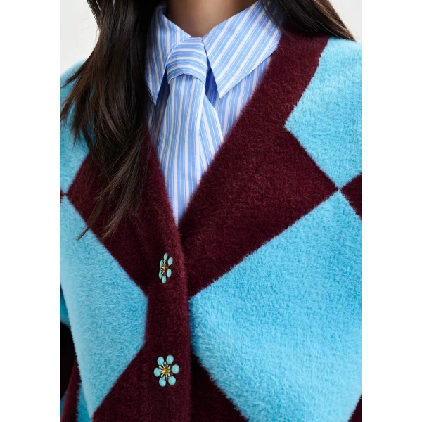 Essentiel Antwerp Blue and burgundy harlequin-patterned knit cardigan with flower-shaped buttons, view 5