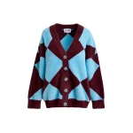 Essentiel Antwerp Blue and burgundy harlequin-patterned knit cardigan with flower-shaped buttons - Essentiel Antwerp Knitwear - Colorful Belgian Design - Shop at Coveti