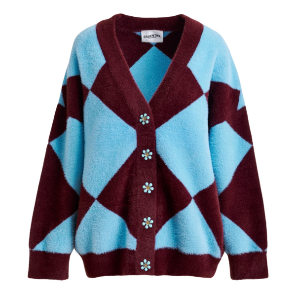 Essentiel Antwerp Blue and burgundy harlequin-patterned knit cardigan with flower-shaped buttons - Essentiel Antwerp Knitwear - Colorful Belgian Design - Shop at Coveti