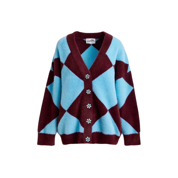 Essentiel Antwerp Blue and burgundy harlequin-patterned knit cardigan with flower-shaped buttons - Essentiel Antwerp Knitwear - Colorful Belgian Design - Shop at Coveti