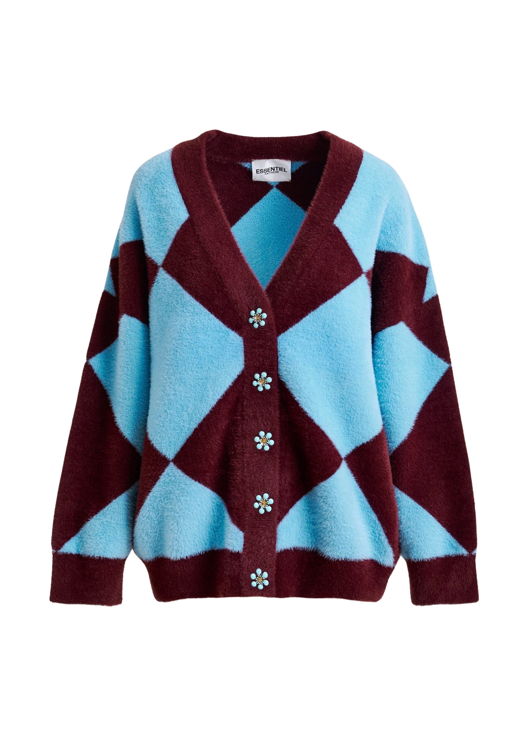 Blue-and-burgundy-harlequin-patterned-knit-cardigan-with-flower-shaped-buttons-Essentiel-Antwerp-Knitwear-scaled85957_nobg Essentiel Antwerp Blue and burgundy harlequin-patterned knit cardigan with flower-shaped buttons - Essentiel Antwerp Knitwear - Colorful Belgian Design - Shop at Coveti