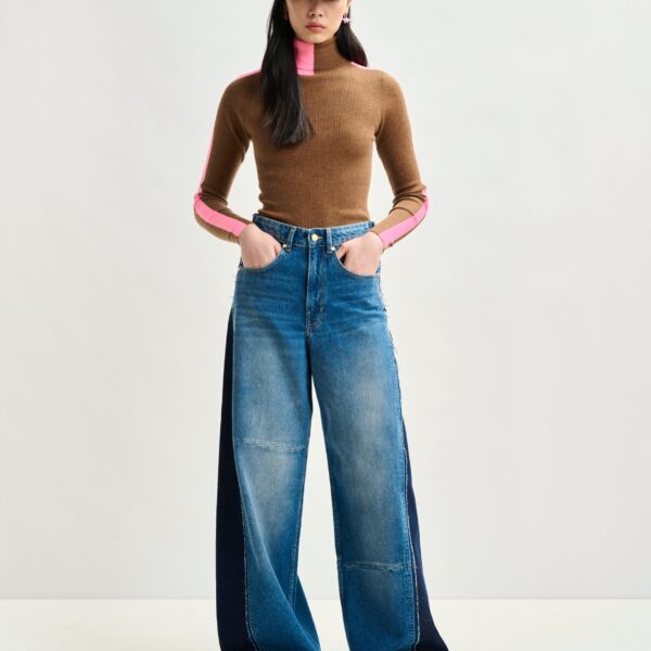Essentiel Antwerp Blue and dark blue wide-leg contrast panel jeans - Essentiel Antwerp Pants - Colorful Belgian Design - Shop at Coveti