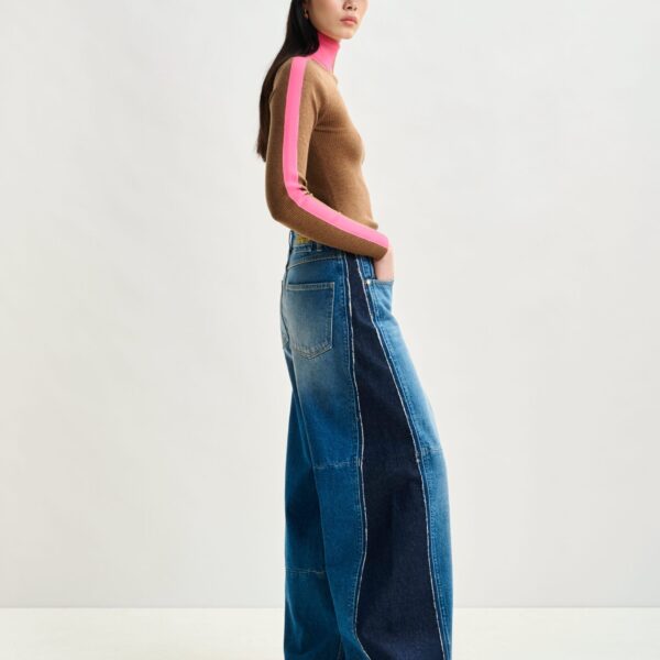 Essentiel Antwerp Blue and dark blue wide-leg contrast panel jeans - Essentiel Antwerp Pants - Colorful Belgian Design - Shop at Coveti