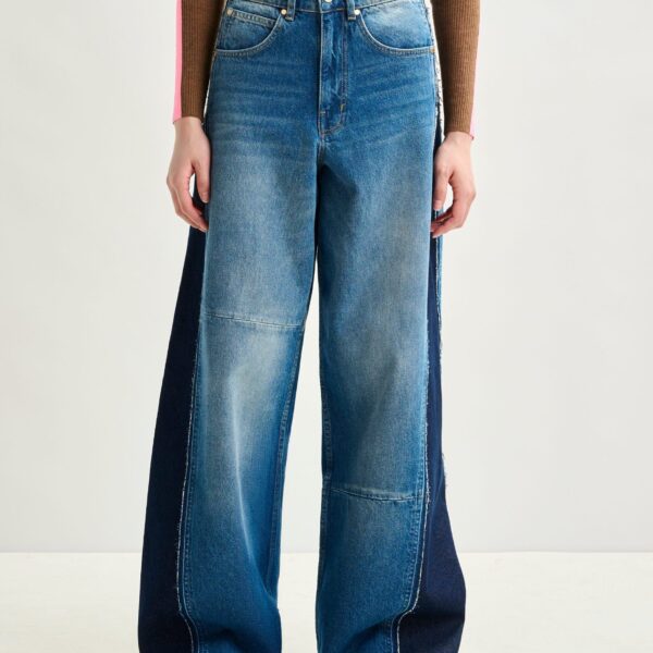 Essentiel Antwerp Blue and dark blue wide-leg contrast panel jeans - Essentiel Antwerp Pants - Colorful Belgian Design - Shop at Coveti