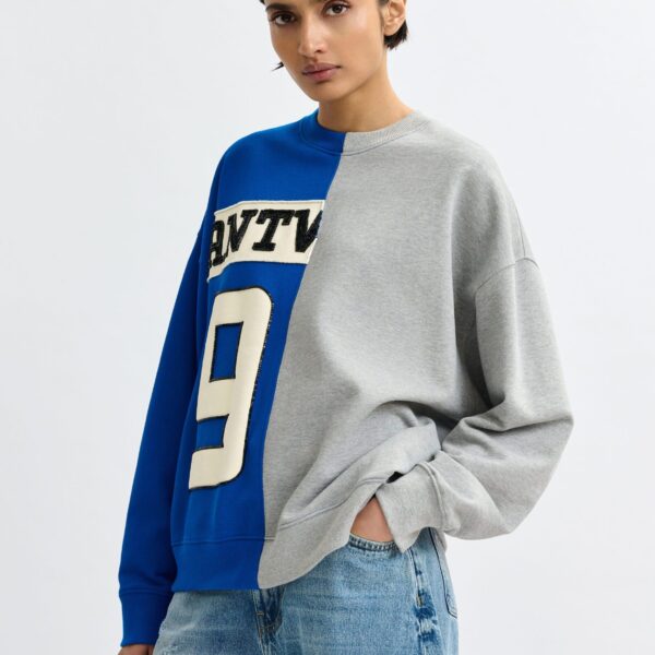 Essentiel Antwerp Blue and grey split-panel appliquéd cotton sweatshirt - Essentiel Antwerp Shirts - Colorful Belgian Design - Shop at Coveti
