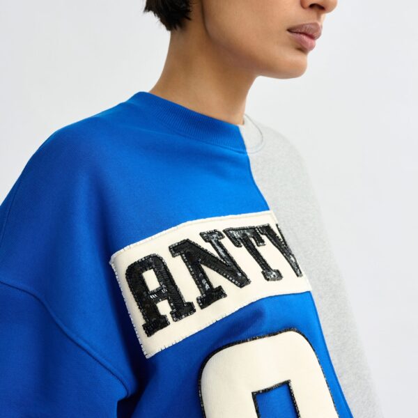 Essentiel Antwerp Blue and grey split-panel appliquéd cotton sweatshirt - Essentiel Antwerp Shirts - Colorful Belgian Design - Shop at Coveti