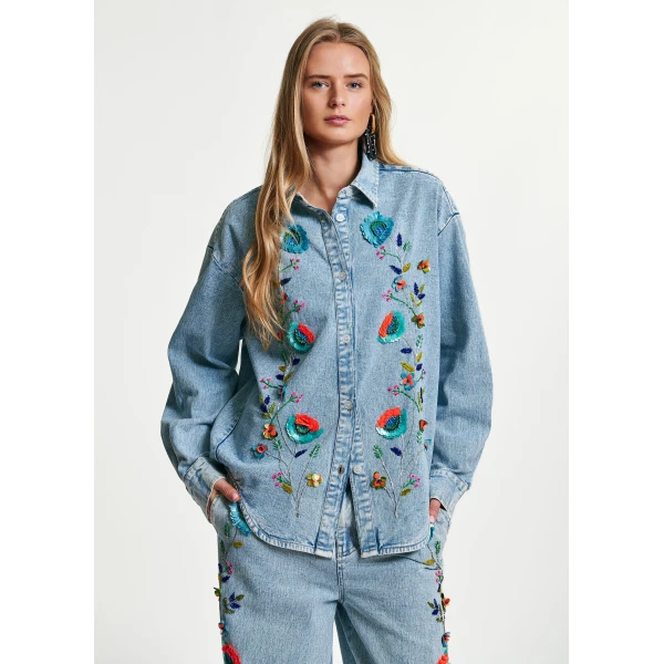 Essentiel Antwerp Blue and multicolor denim shirt with sequin flower embellishments, view 2