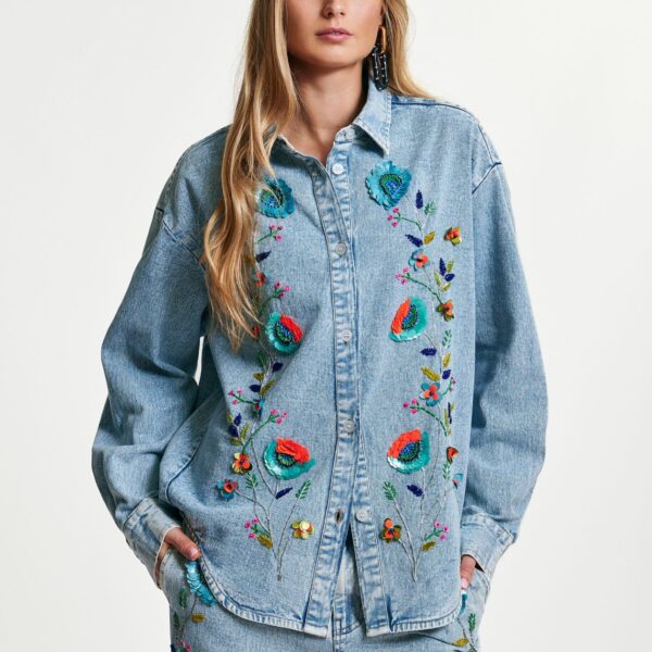 Essentiel Antwerp Blue and multicolor denim shirt with sequin flower embellishments - Essentiel Antwerp Shirts - Colorful Belgian Design - Shop at Coveti