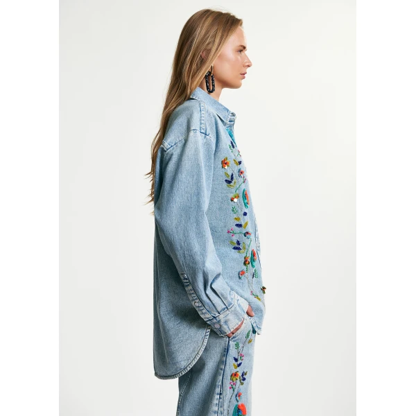 Essentiel Antwerp Blue and multicolor denim shirt with sequin flower embellishments, view 3
