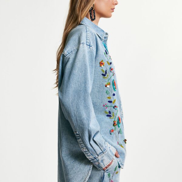 Essentiel Antwerp Blue and multicolor denim shirt with sequin flower embellishments - Essentiel Antwerp Shirts - Colorful Belgian Design - Shop at Coveti